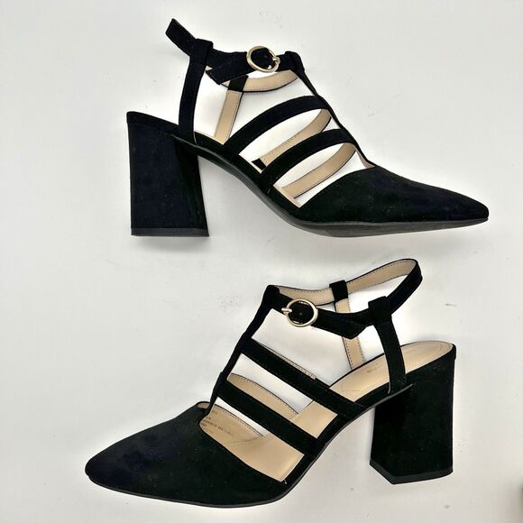 Liz Claiborne Newell Black Vegan Suede Closed Pointed Toe Strappy Heels 9.5 - Picture 5 of 12